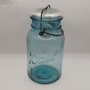 Vintage Ball Ideal Blue Glass Quart Canning Jar 7.75"